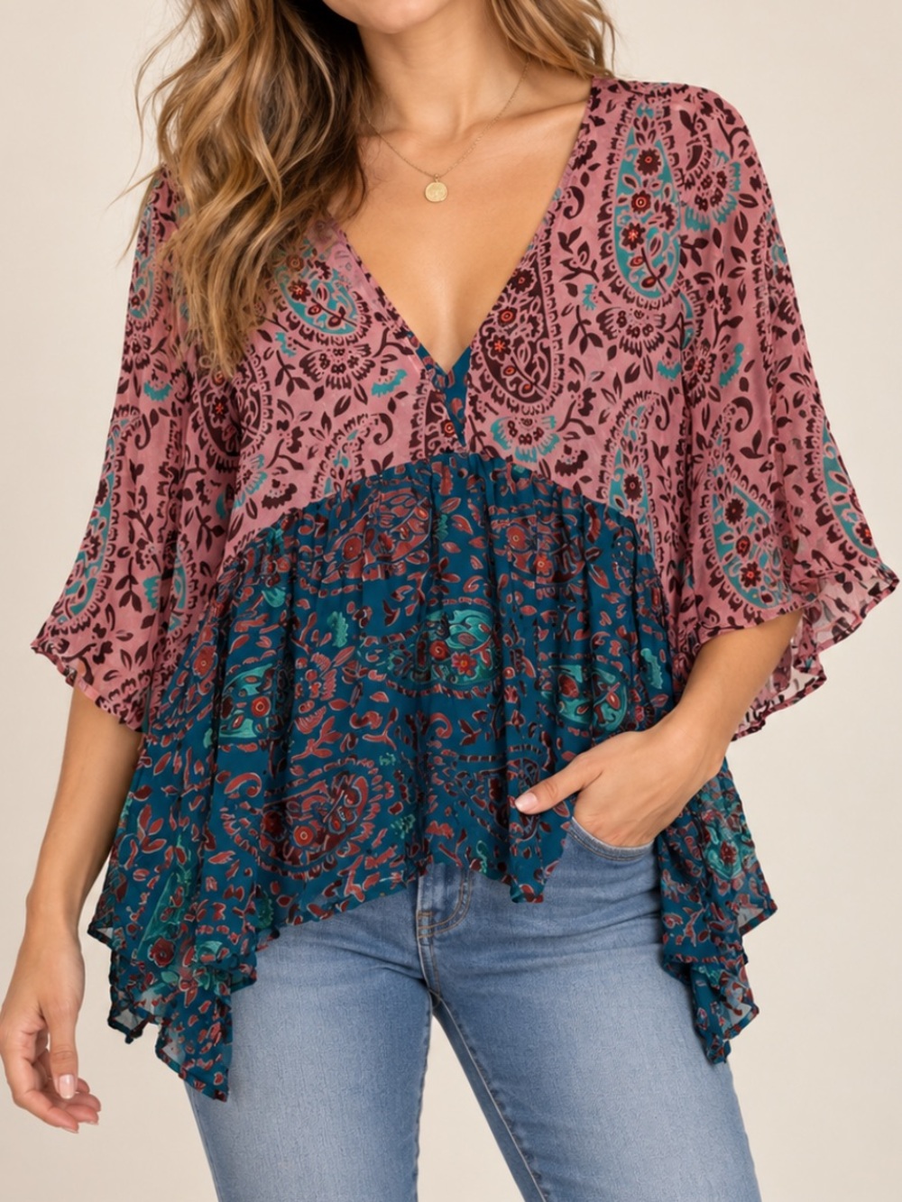 Anthropologie Floreat Velvet Embossed Paisley Handkerchief Peplum Blouse Blue SP